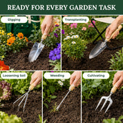 GardenHOME Garden Tool Set, Stainless Steel 7 Piece Tool Set, Heavy Duty Folding Stool, Detachable Canvas Tote Bag (Green)
