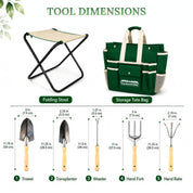 GardenHOME Garden Tool Set, Stainless Steel 7 Piece Tool Set, Heavy Duty Folding Stool, Detachable Canvas Tote Bag (Green)