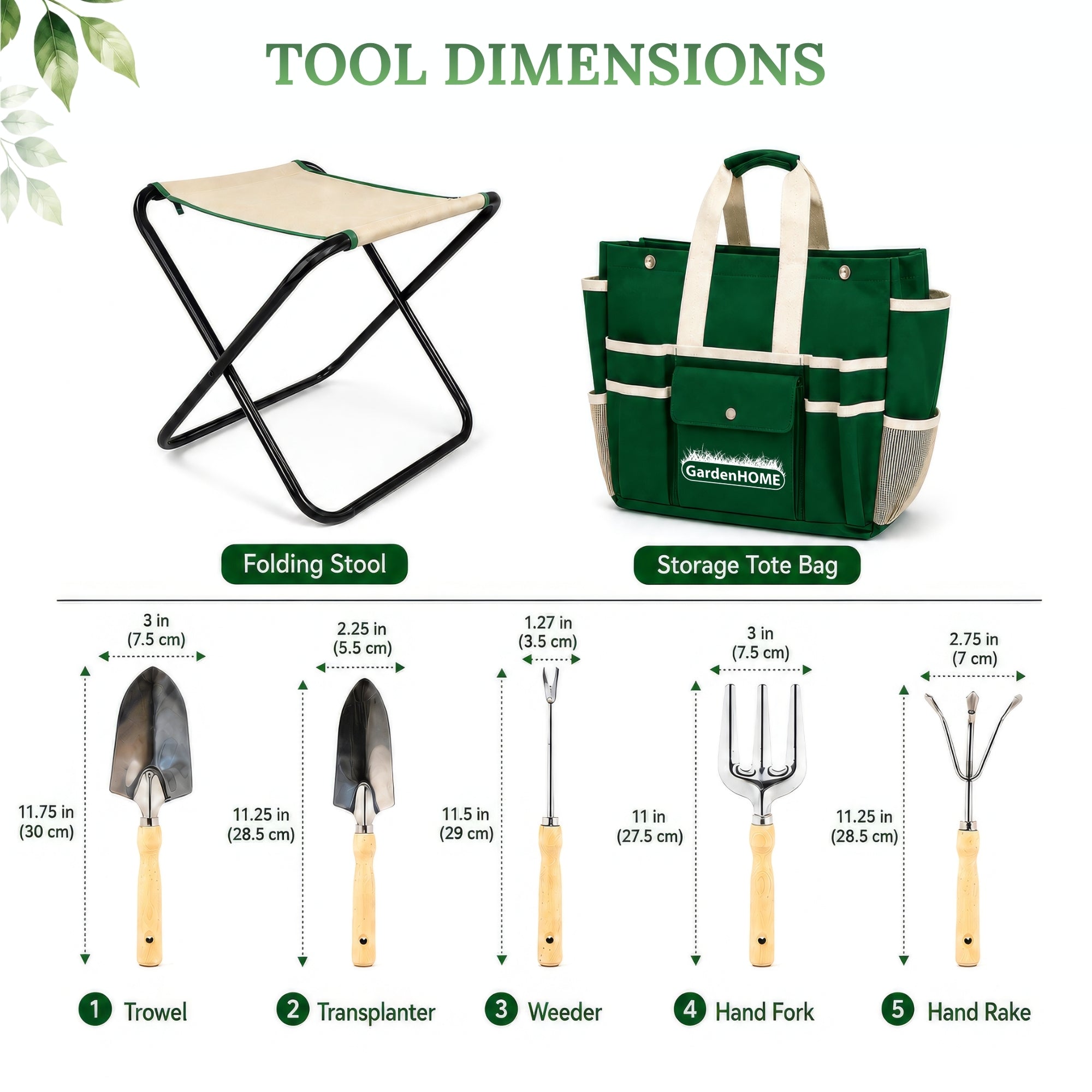 GardenHOME Garden Tool Set, Stainless Steel 7 Piece Tool Set, Heavy Duty Folding Stool, Detachable Canvas Tote Bag (Green)