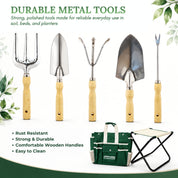 GardenHOME Garden Tool Set, Stainless Steel 7 Piece Tool Set, Heavy Duty Folding Stool, Detachable Canvas Tote Bag (Green)