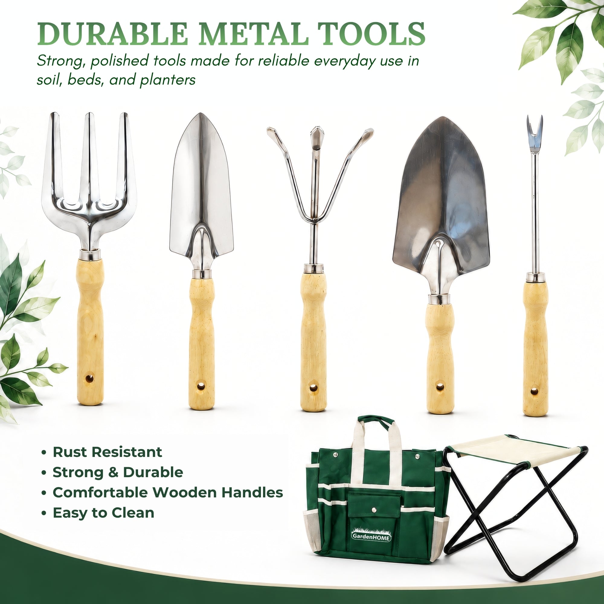 GardenHOME Garden Tool Set, Stainless Steel 7 Piece Tool Set, Heavy Duty Folding Stool, Detachable Canvas Tote Bag (Green)