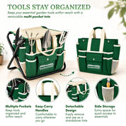 GardenHOME Garden Tool Set, Stainless Steel 7 Piece Tool Set, Heavy Duty Folding Stool, Detachable Canvas Tote Bag (Green)