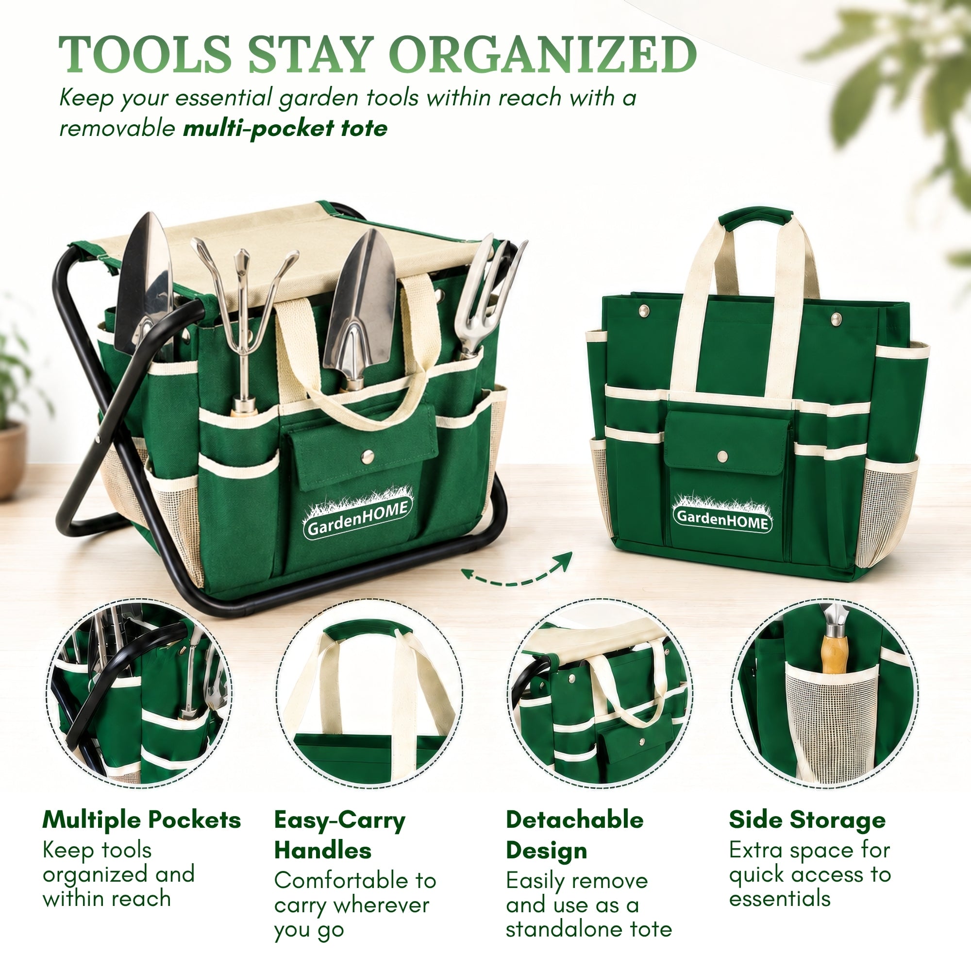 GardenHOME Garden Tool Set, Stainless Steel 7 Piece Tool Set, Heavy Duty Folding Stool, Detachable Canvas Tote Bag (Green)