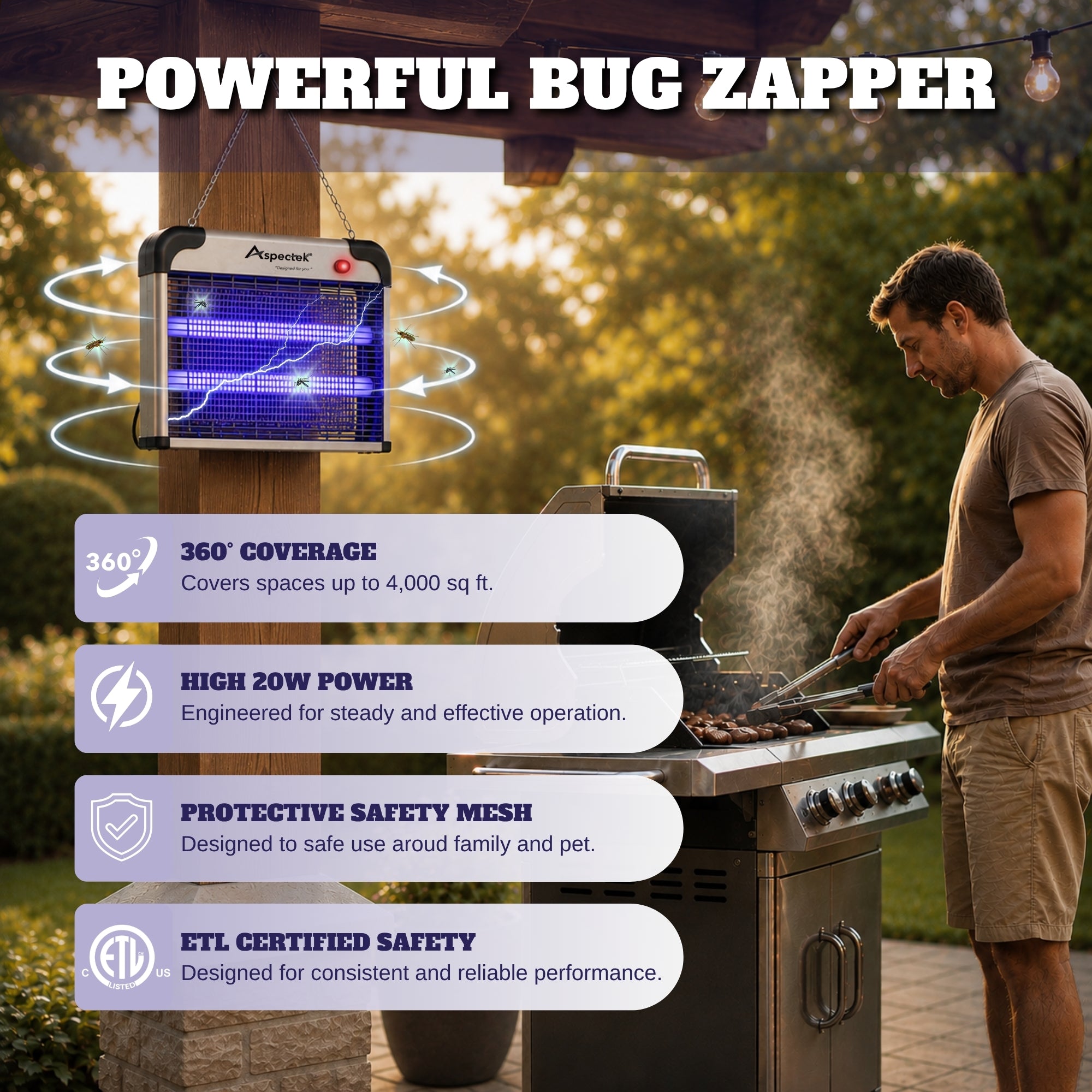 Upgraded Aspectek 20W Electric Bug Zapper, Bug Fly Zapper. Effective Mosquito, Fly, and Insect Zapper. Includes 2 Extra Bulbs. Lightweight Design, 2800V Electric Grid. (CA)