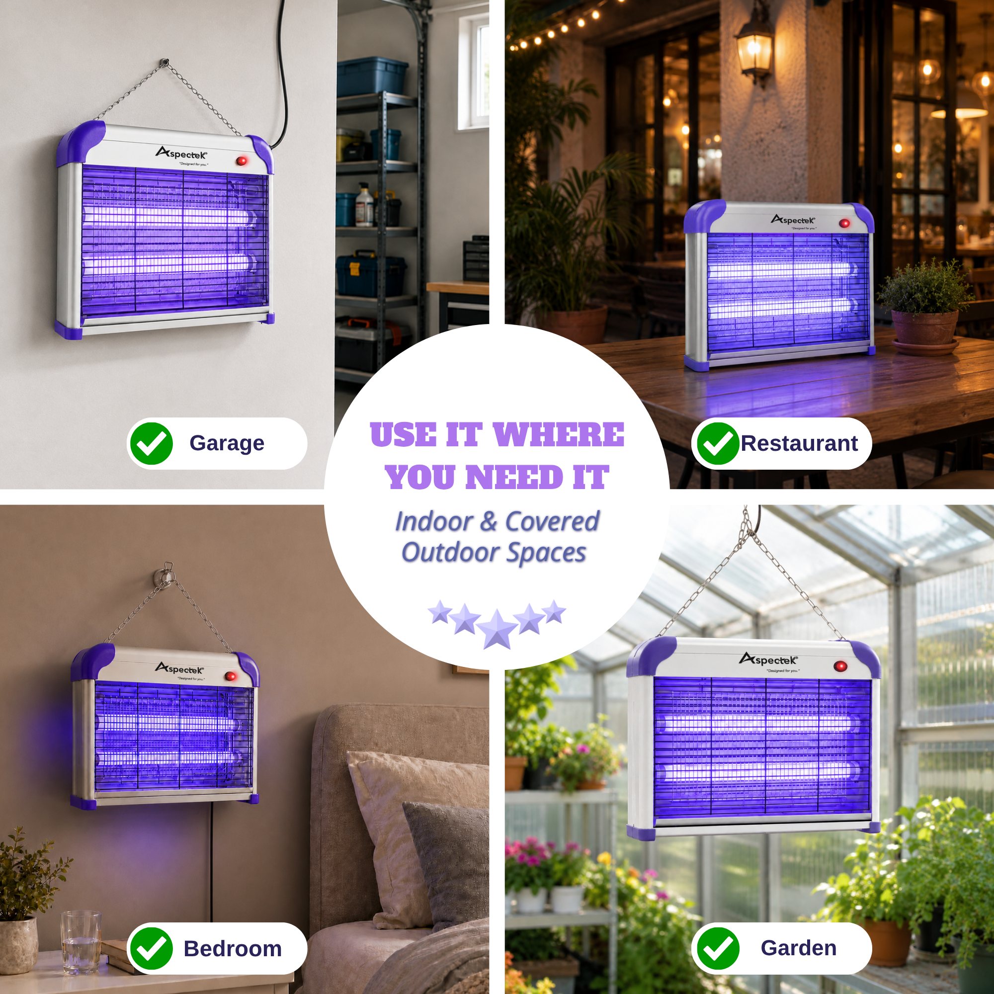 Aspectek 20W Indoor Bug Zapper Includes 2 Replacement Bulbs PURPLE + 2 BULBS