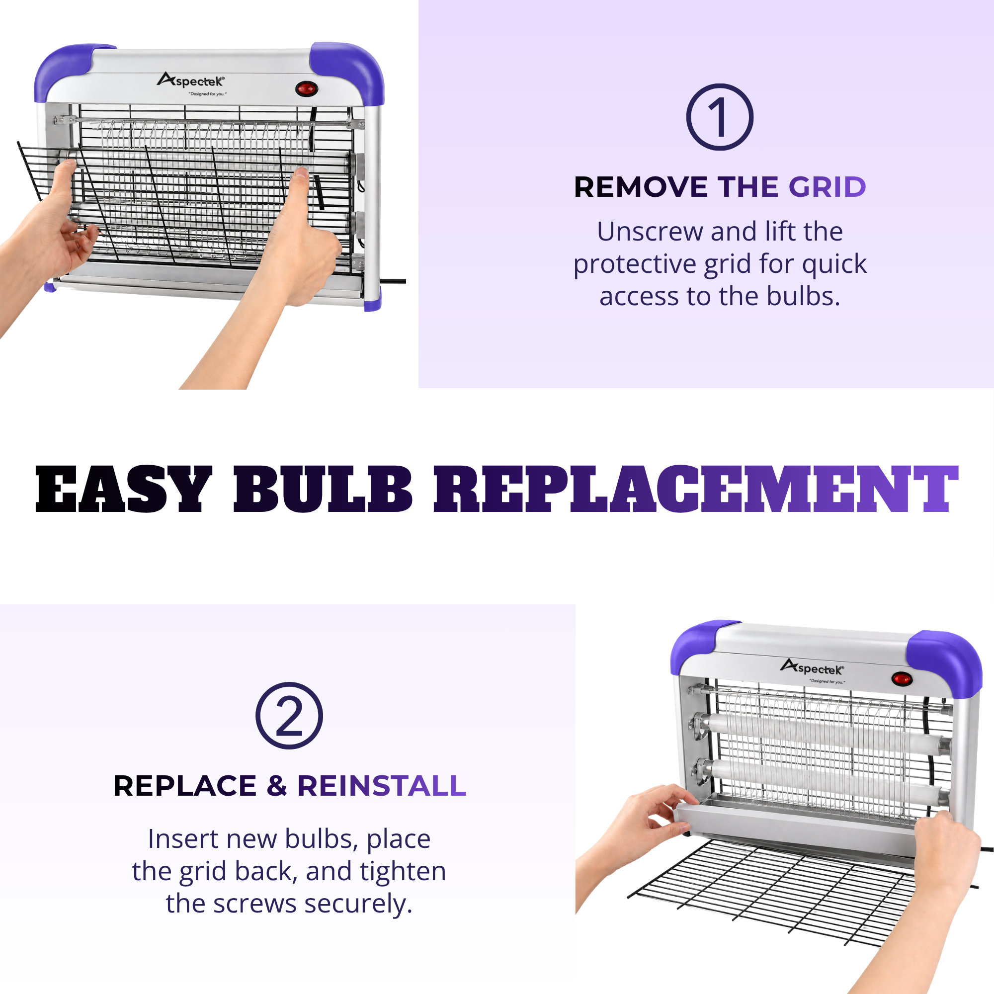 Aspectek 20W Indoor Bug Zapper Includes 2 Replacement Bulbs PURPLE + 2 BULBS