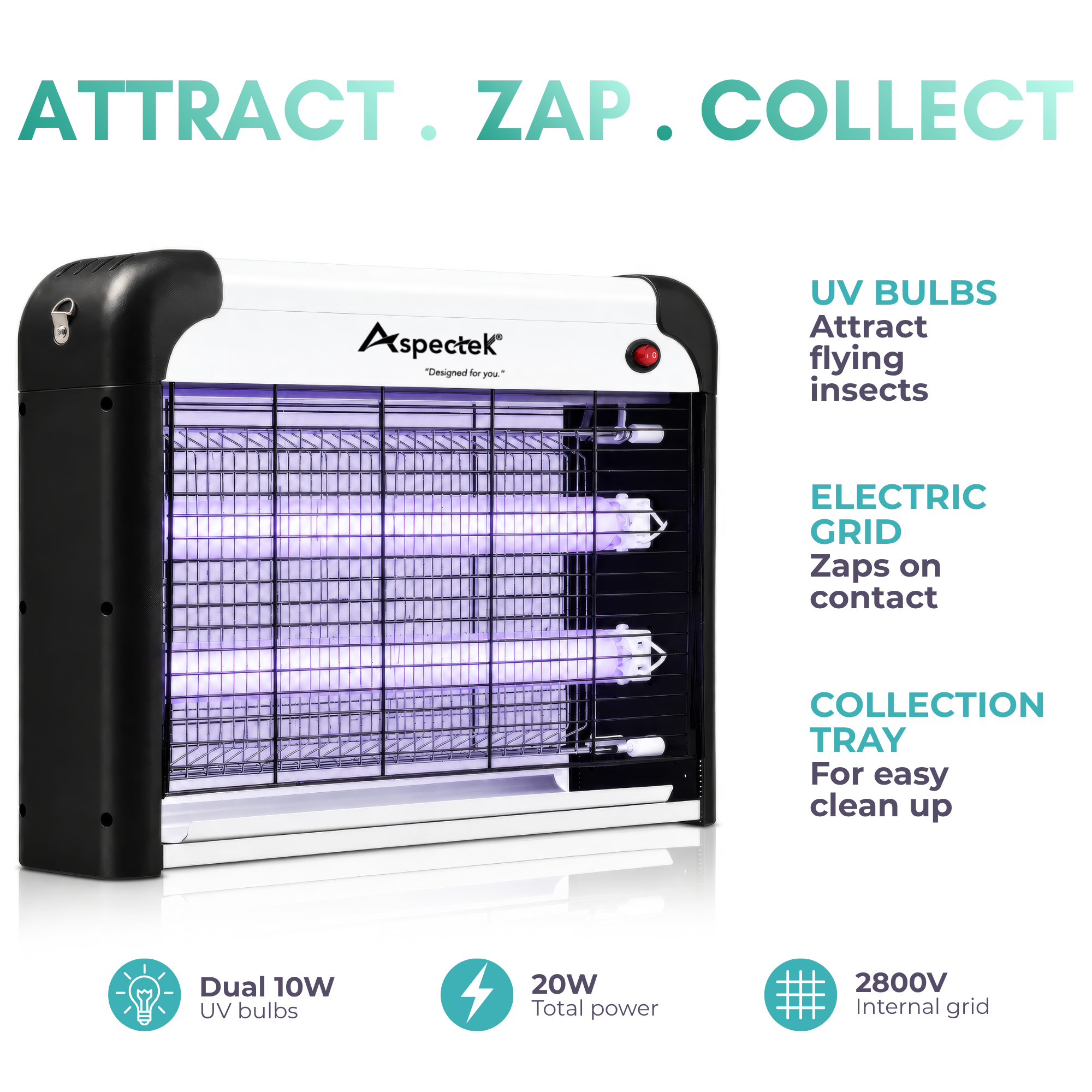Aspectek 20W Indoor Bug Zapper – Solid Black Insect and Bug Lamp Zapper (CA)