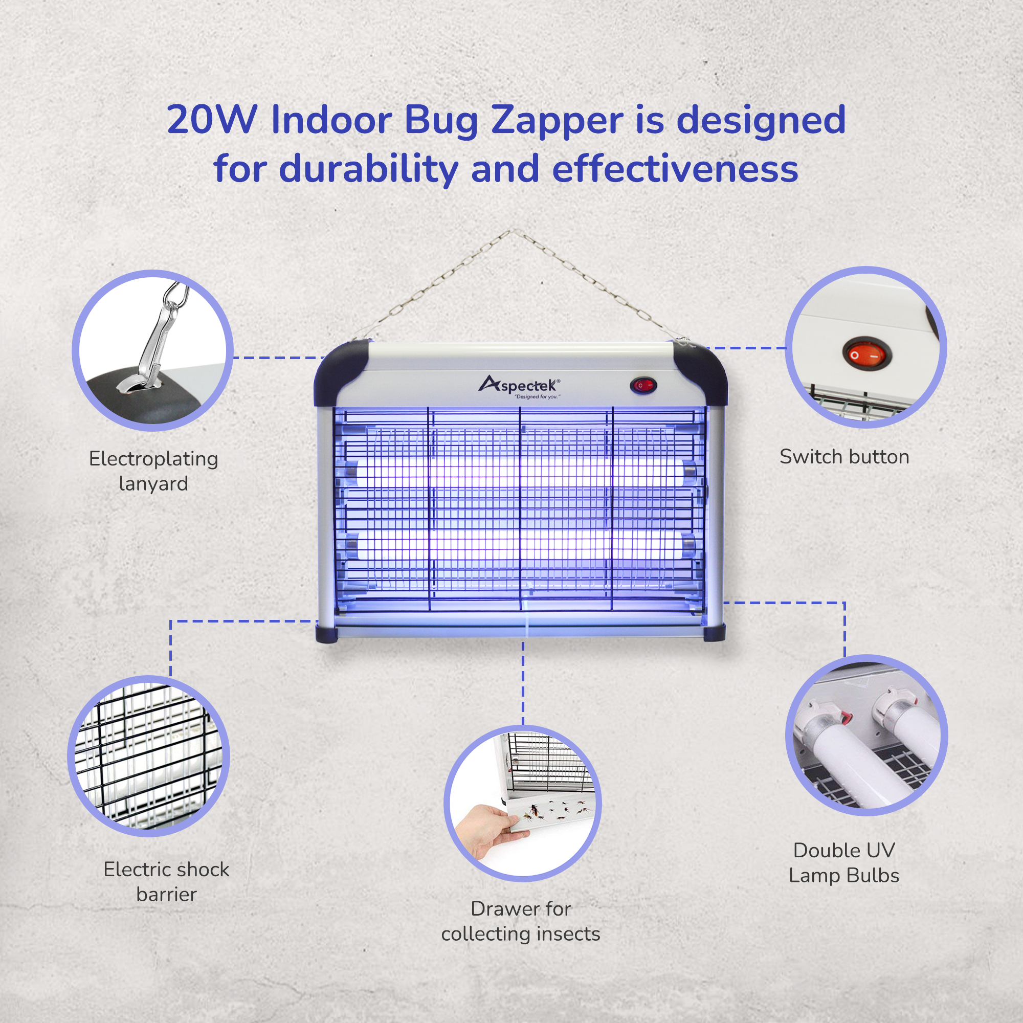 Aspectek 20W Indoor Bug Zapper Includes 2 Replacement Bulbs BLACK