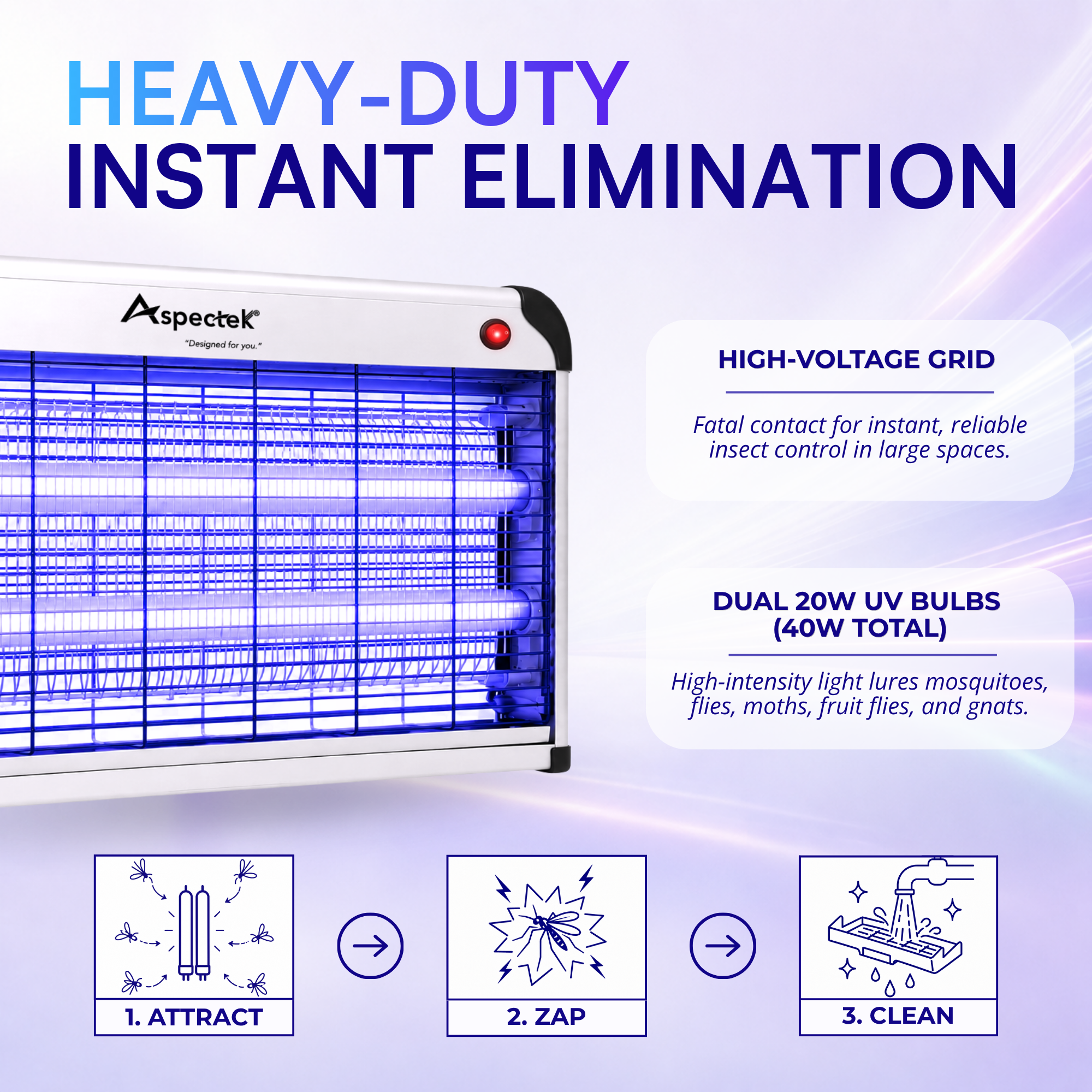 Aspectek 40W Indoor Bug Zapper, Powerful UV Bugs Lamp Attract Insects. Effective Against Flies and Mosquitos (CA)