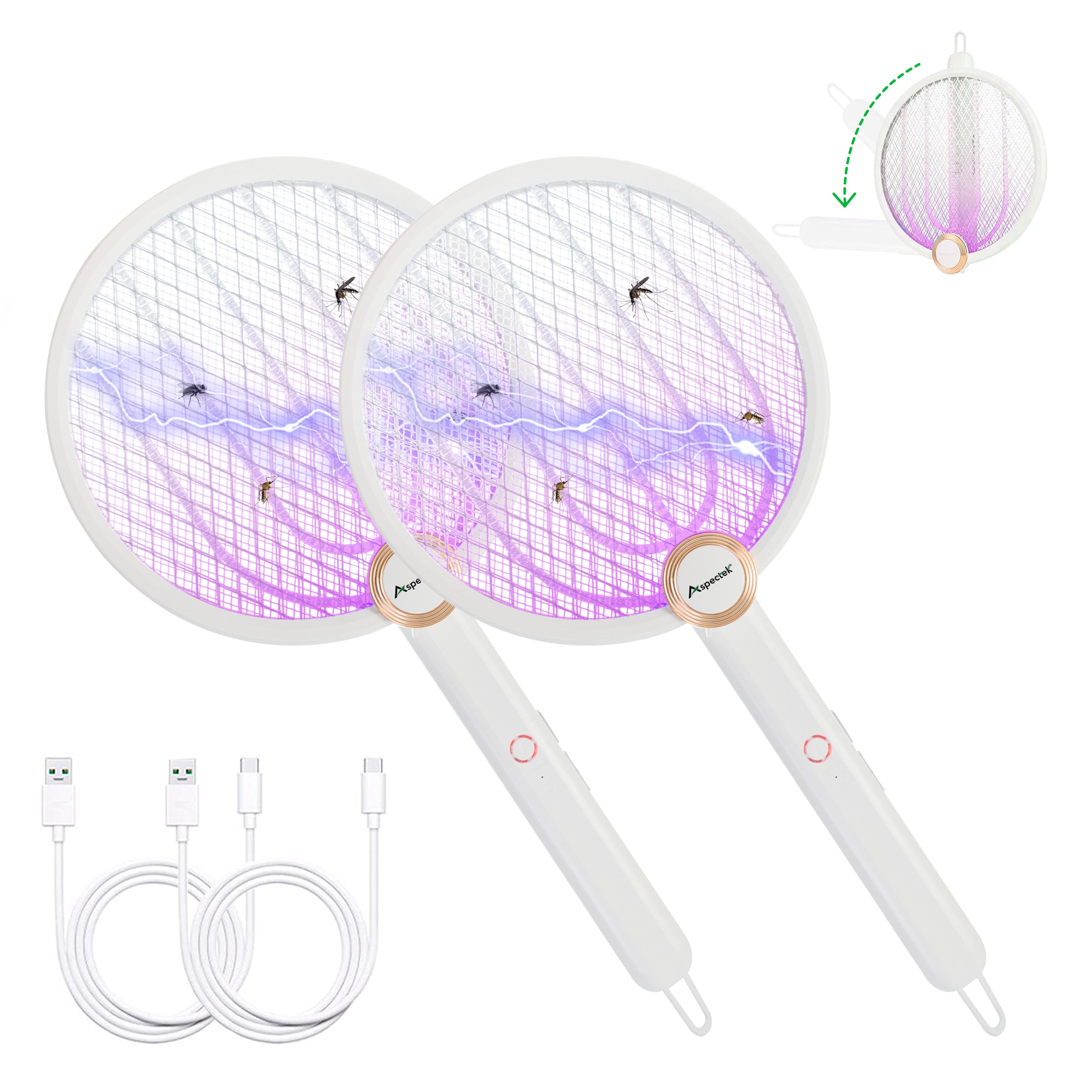 Aspectek 3000V Electric Fly Swatter for Indoor and Outdoor, Portable, Foldable, Rechargeable with Improved Battery Life, Fly Zapper USB Charging Cable