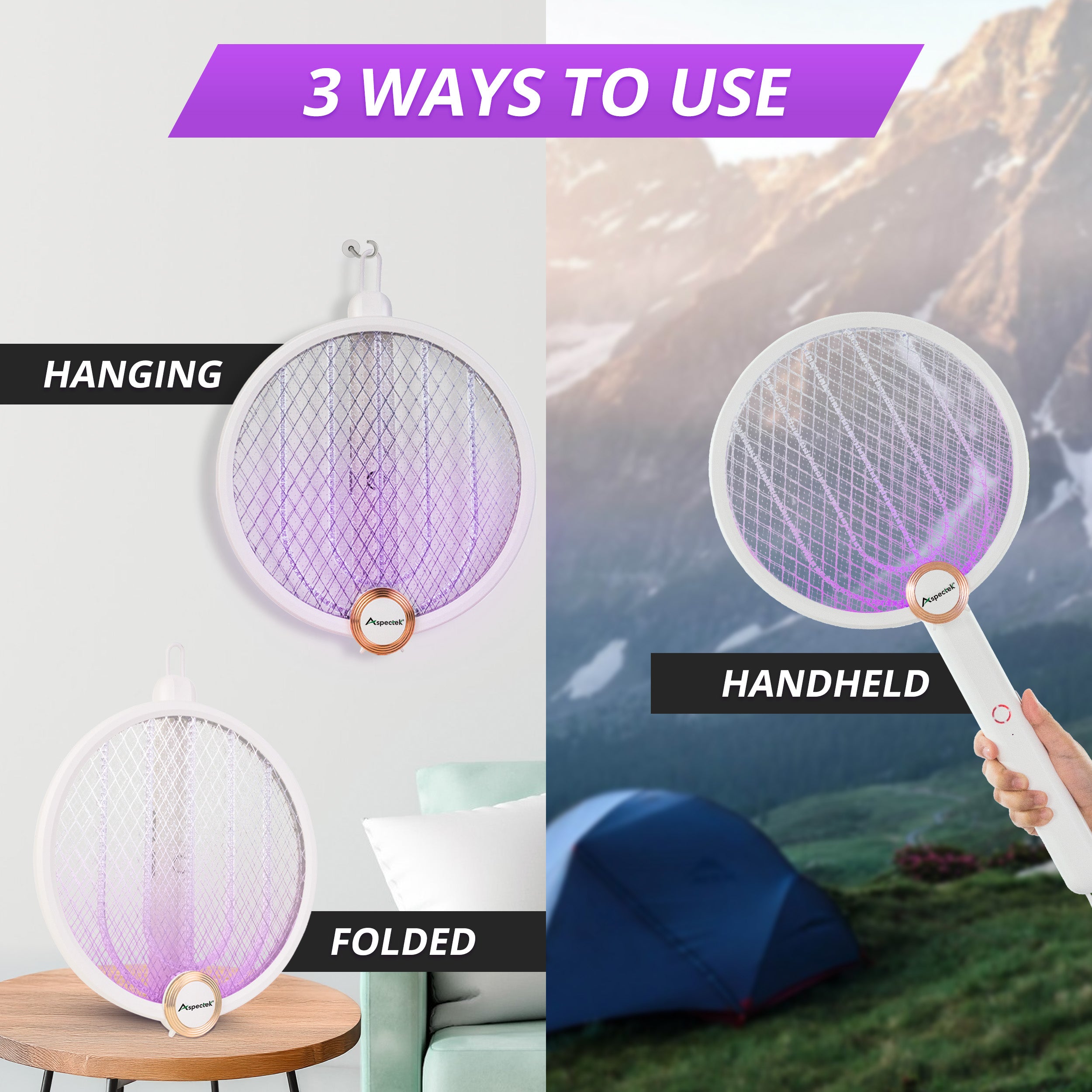 Aspectek 3000V Electric Fly Swatter for Indoor and Outdoor, Portable, Foldable, Rechargeable with Improved Battery Life, Fly Zapper USB Charging Cable