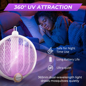 Mosquito racket with 360-degree UV attraction feature, woman using it, and product features listed.