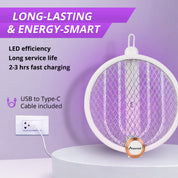 Electronic fly swatter with charging cable on a purple background, featuring text about LED efficiency and fast charging.