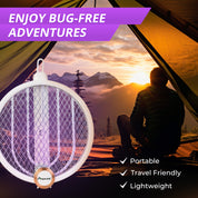 Portable bug zapper with person sitting by tent in mountainous landscape, featuring text 'Enjoy Bug-Free Adventures'.