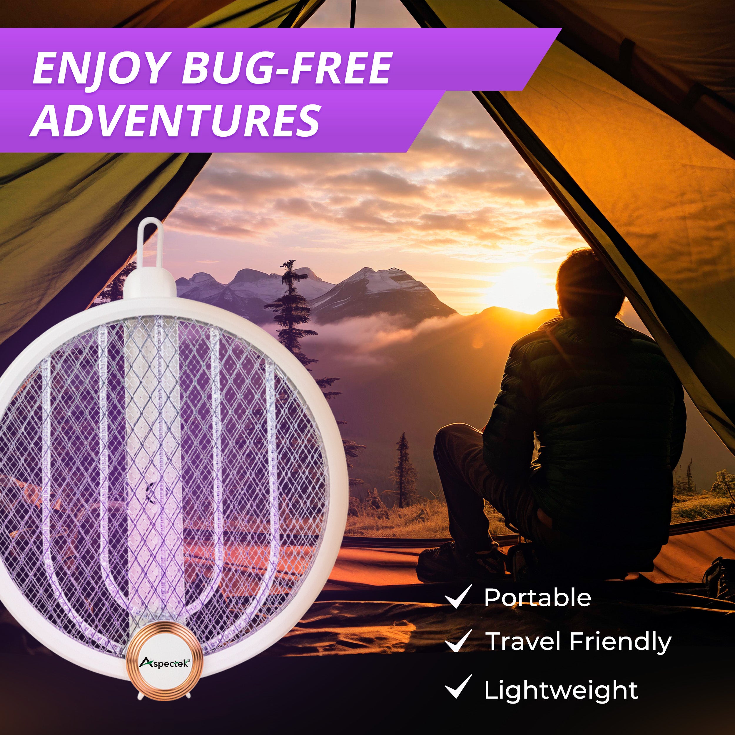 Portable bug zapper with person sitting by tent in mountainous landscape, featuring text 'Enjoy Bug-Free Adventures'.