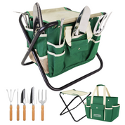 GardenHOME Garden Tool Set, Stainless Steel 7 Piece Tool Set, Heavy Duty Folding Stool, Detachable Canvas Tote Bag (Green)