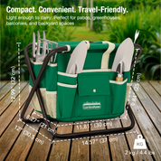 GardenHOME Garden Tool Set, Stainless Steel 7 Piece Tool Set, Heavy Duty Folding Stool, Detachable Canvas Tote Bag (Green)