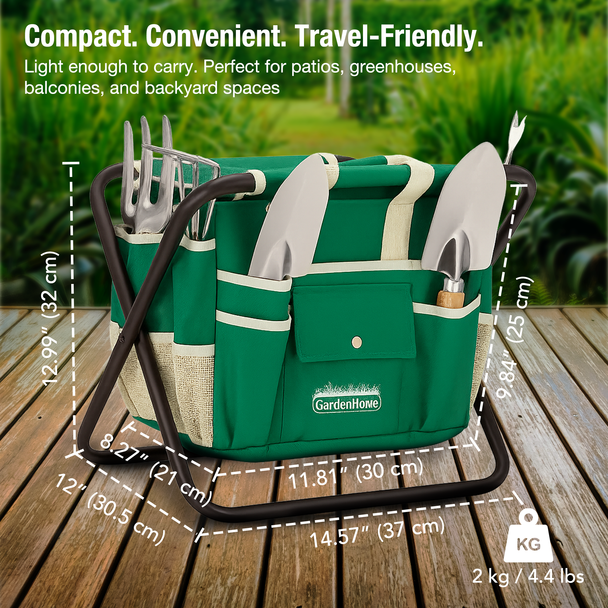 7 piece garden tool set GardenHOME Garden Tool Set, Stainless Steel 7 Piece Tool Set, Heavy Duty Folding Stool, Detachable Canvas Tote Bag (Green)