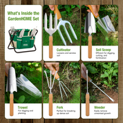GardenHOME Garden Tool Set, Stainless Steel 7 Piece Tool Set, Heavy Duty Folding Stool, Detachable Canvas Tote Bag (Green)