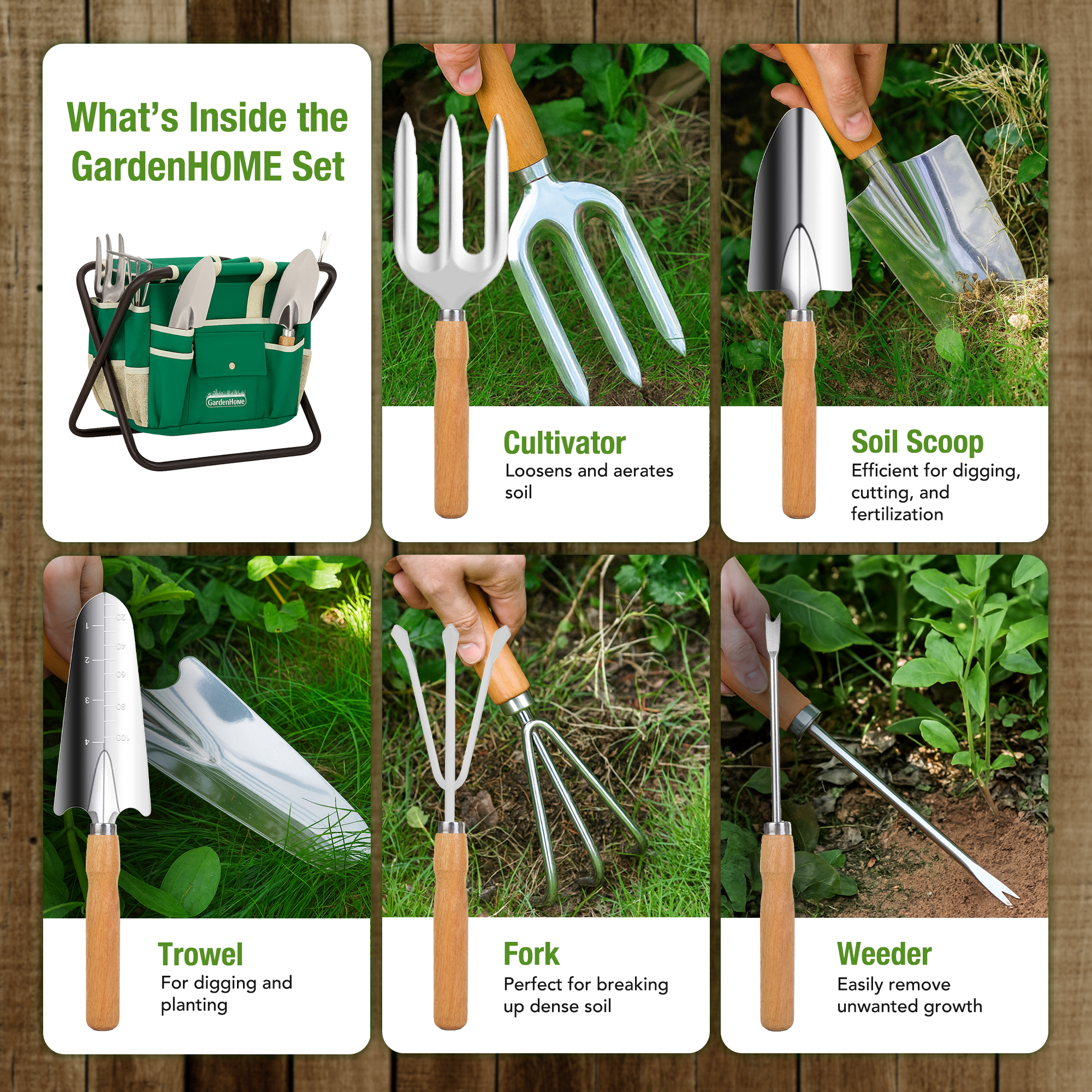 GardenHOME Garden Tool Set, Stainless Steel 7 Piece Tool Set, Heavy Duty Folding Stool, Detachable Canvas Tote Bag (Green)
