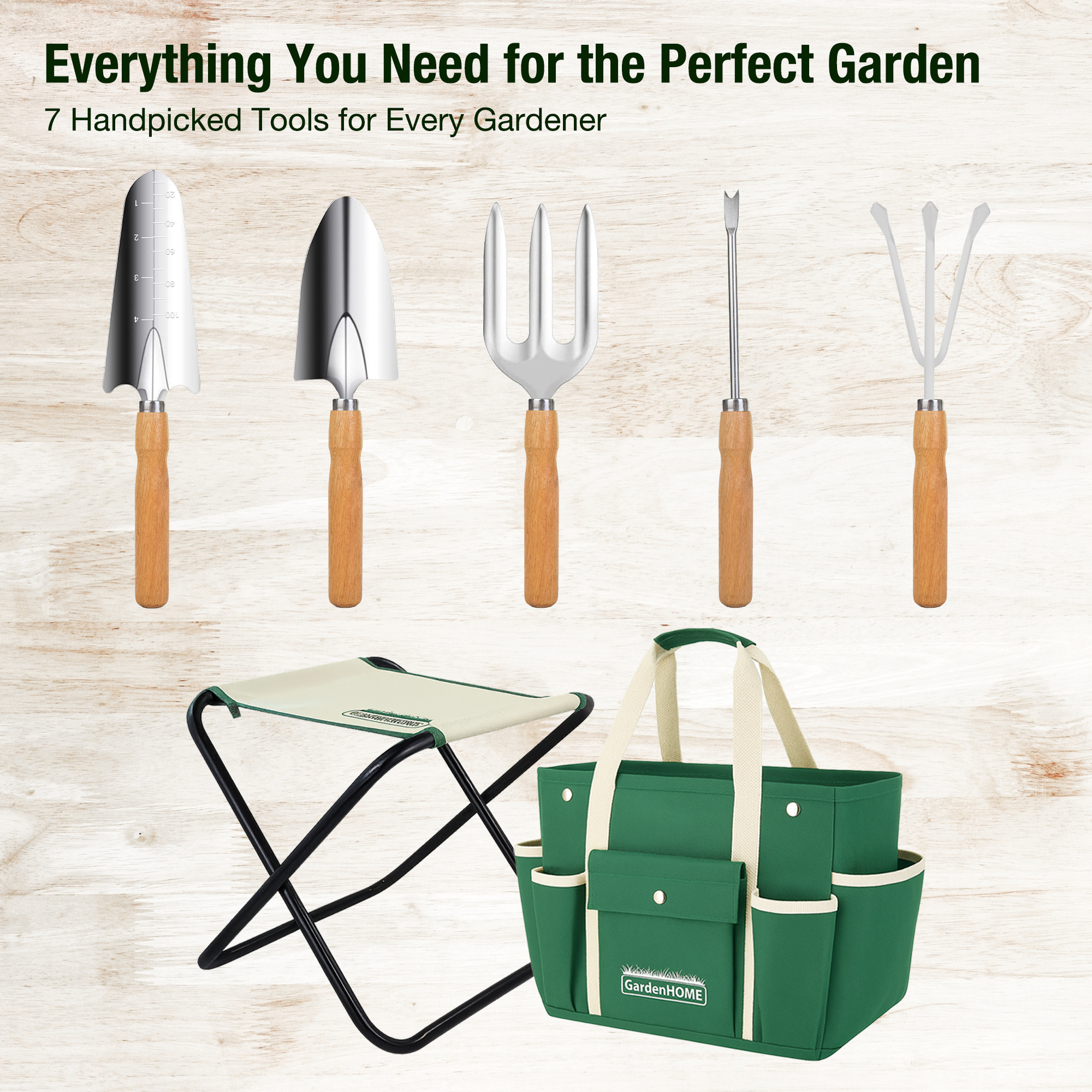 GardenHOME Garden Tool Set, Stainless Steel 7 Piece Tool Set, Heavy Duty Folding Stool, Detachable Canvas Tote Bag (Green)