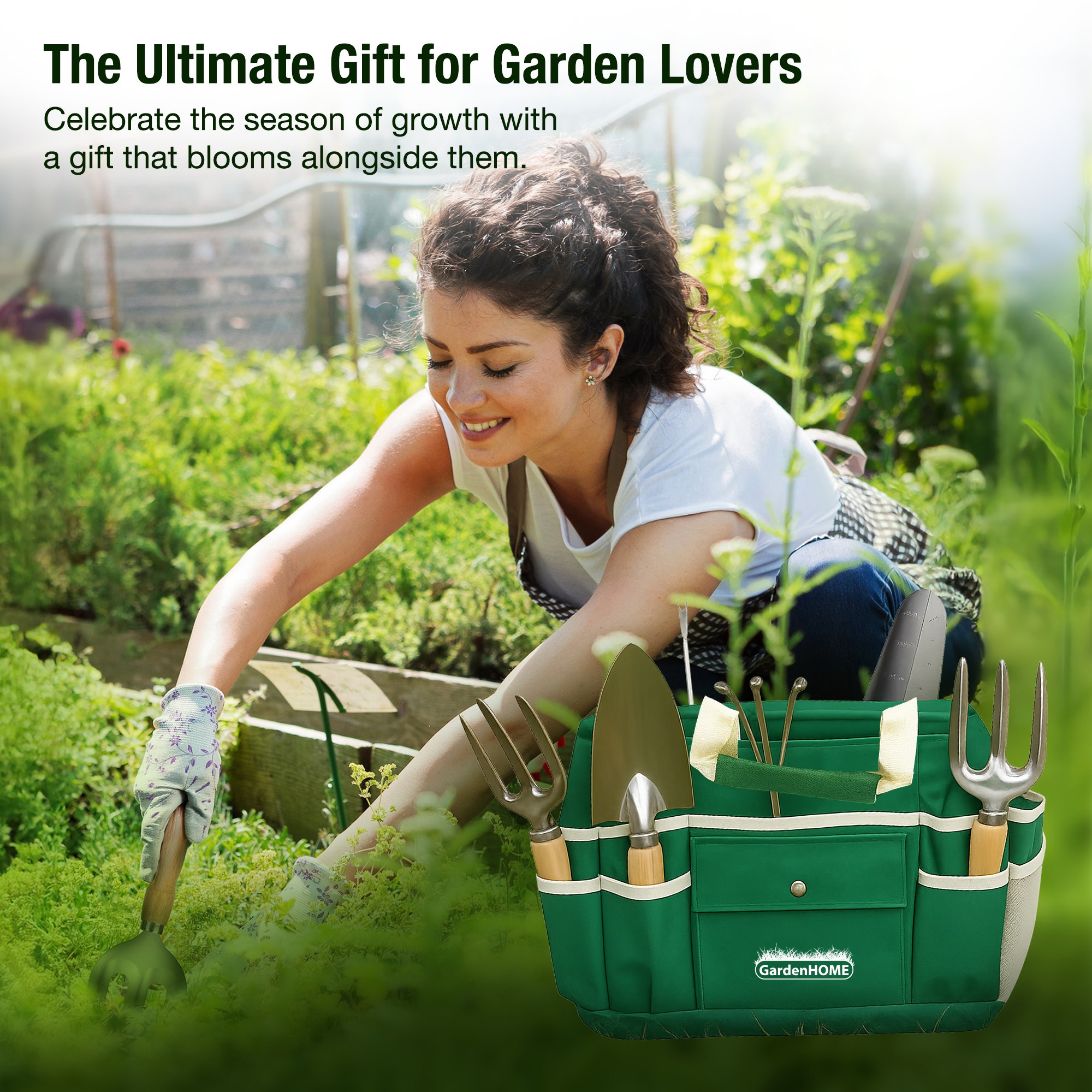 GardenHOME Garden Tool Set, Stainless Steel 7 Piece Tool Set, Heavy Duty Folding Stool, Detachable Canvas Tote Bag (Green)