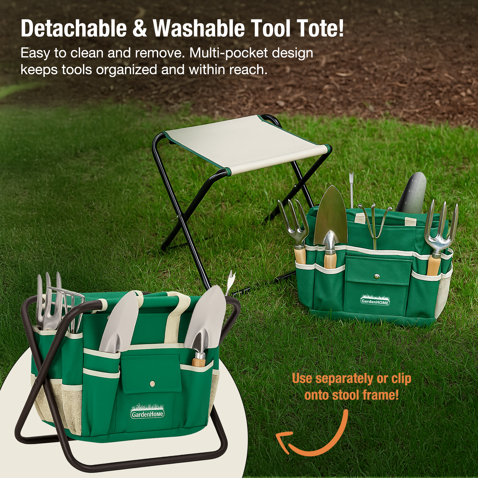 GardenHOME Garden Tool Set, Stainless Steel 7 Piece Tool Set, Heavy Duty Folding Stool, Detachable Canvas Tote Bag (Green)