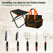 GardenHOME Garden Tool Set, Stainless Steel 7 Piece Tool Set, Heavy Duty Folding Stool, Detachable Canvas Tote Bag, Gardening Tool Kit Organizer (Orange)