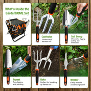 GardenHOME Garden Tool Set, Stainless Steel 7 Piece Tool Set, Heavy Duty Folding Stool, Detachable Canvas Tote Bag, Gardening Tool Kit Organizer (Orange)