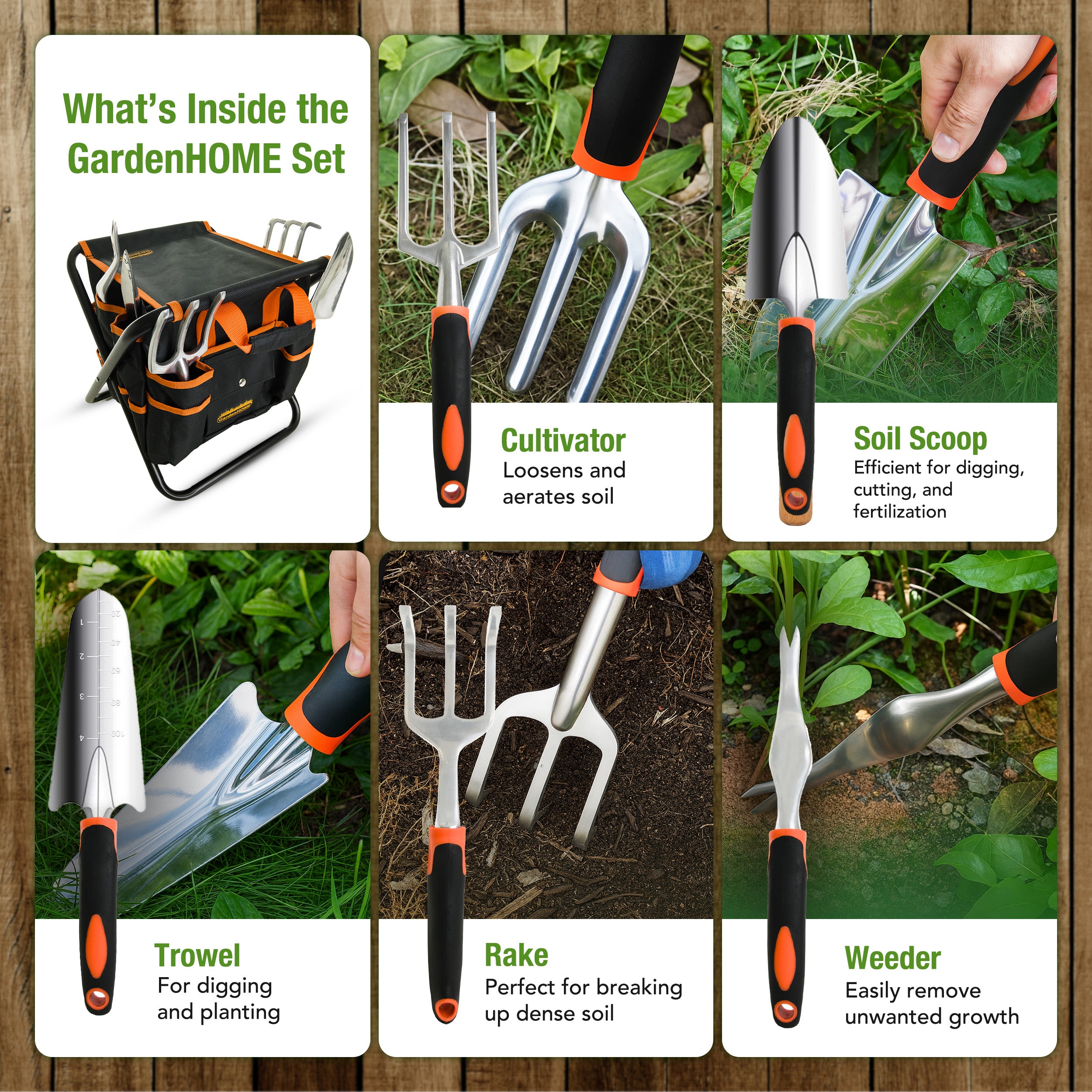 GardenHOME Garden Tool Set, Stainless Steel 7 Piece Tool Set, Heavy Duty Folding Stool, Detachable Canvas Tote Bag, Gardening Tool Kit Organizer (Orange)