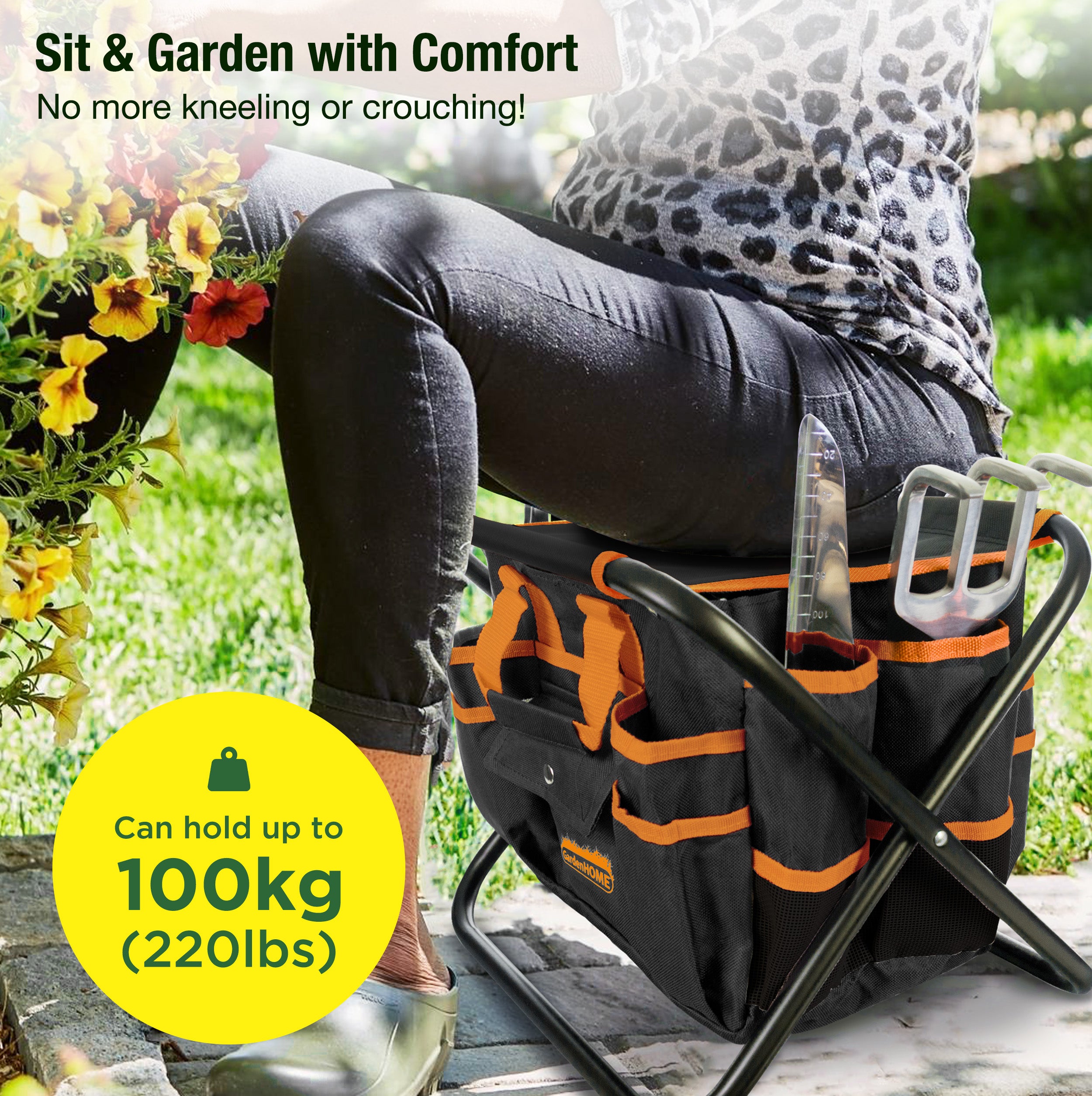 GardenHOME Garden Tool Set, Stainless Steel 7 Piece Tool Set, Heavy Duty Folding Stool, Detachable Canvas Tote Bag, Gardening Tool Kit Organizer (Orange)