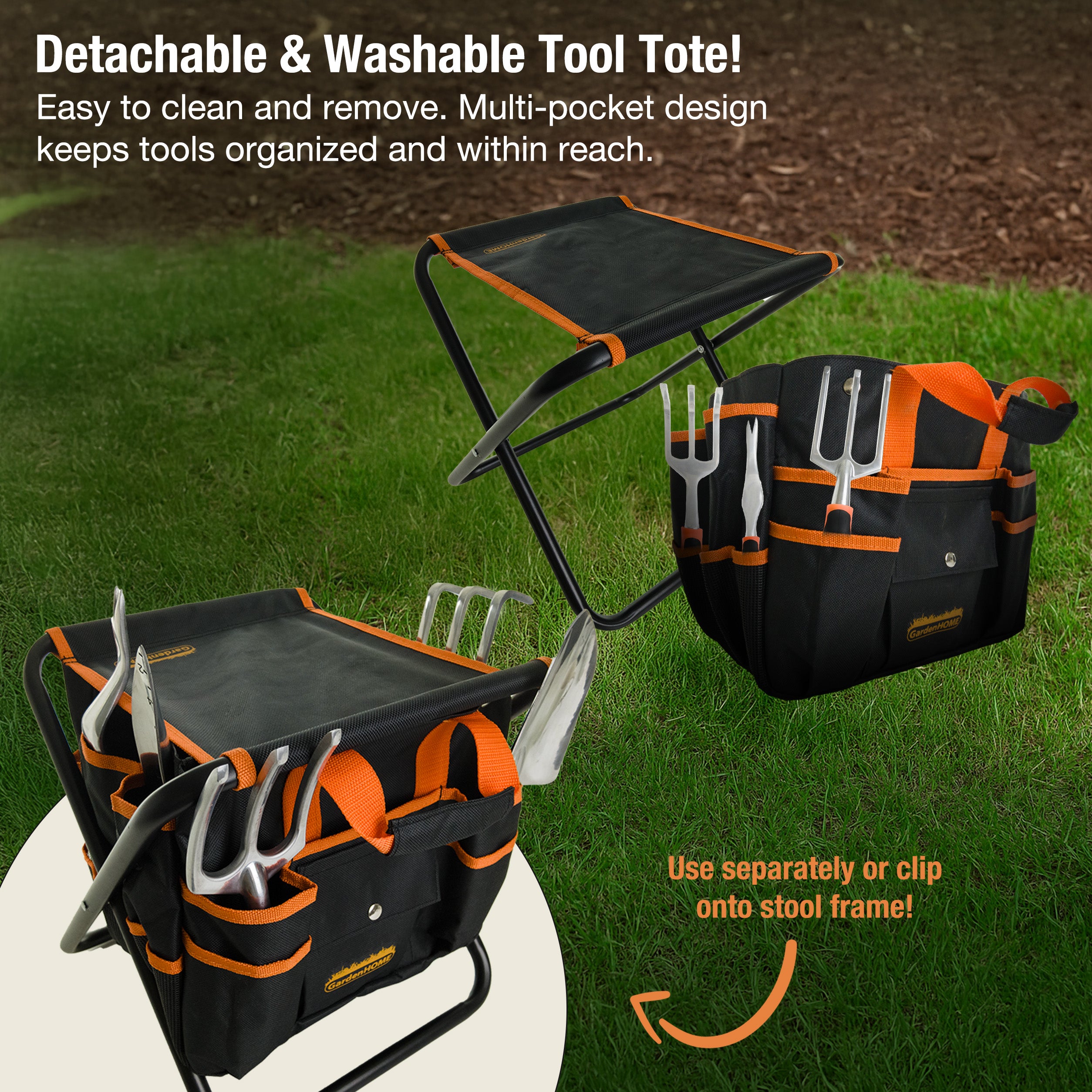 GardenHOME Garden Tool Set, Stainless Steel 7 Piece Tool Set, Heavy Duty Folding Stool, Detachable Canvas Tote Bag, Gardening Tool Kit Organizer (Orange)