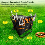 GardenHOME Garden Tool Set, Stainless Steel 7 Piece Tool Set, Heavy Duty Folding Stool, Detachable Canvas Tote Bag, Gardening Tool Kit Organizer (Orange)