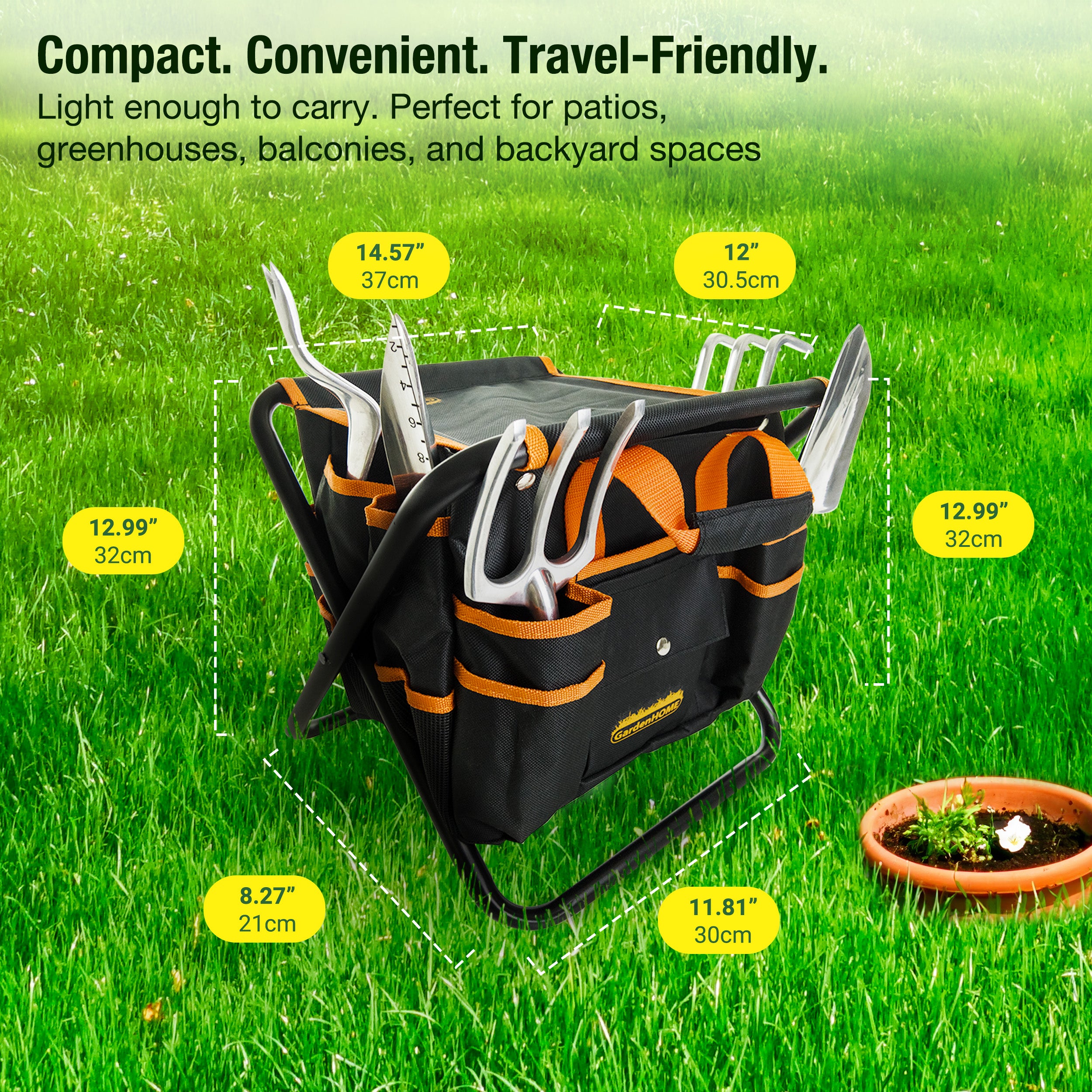 GardenHOME Garden Tool Set, Stainless Steel 7 Piece Tool Set, Heavy Duty Folding Stool, Detachable Canvas Tote Bag, Gardening Tool Kit Organizer (Orange)
