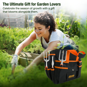 GardenHOME Garden Tool Set, Stainless Steel 7 Piece Tool Set, Heavy Duty Folding Stool, Detachable Canvas Tote Bag, Gardening Tool Kit Organizer (Orange)