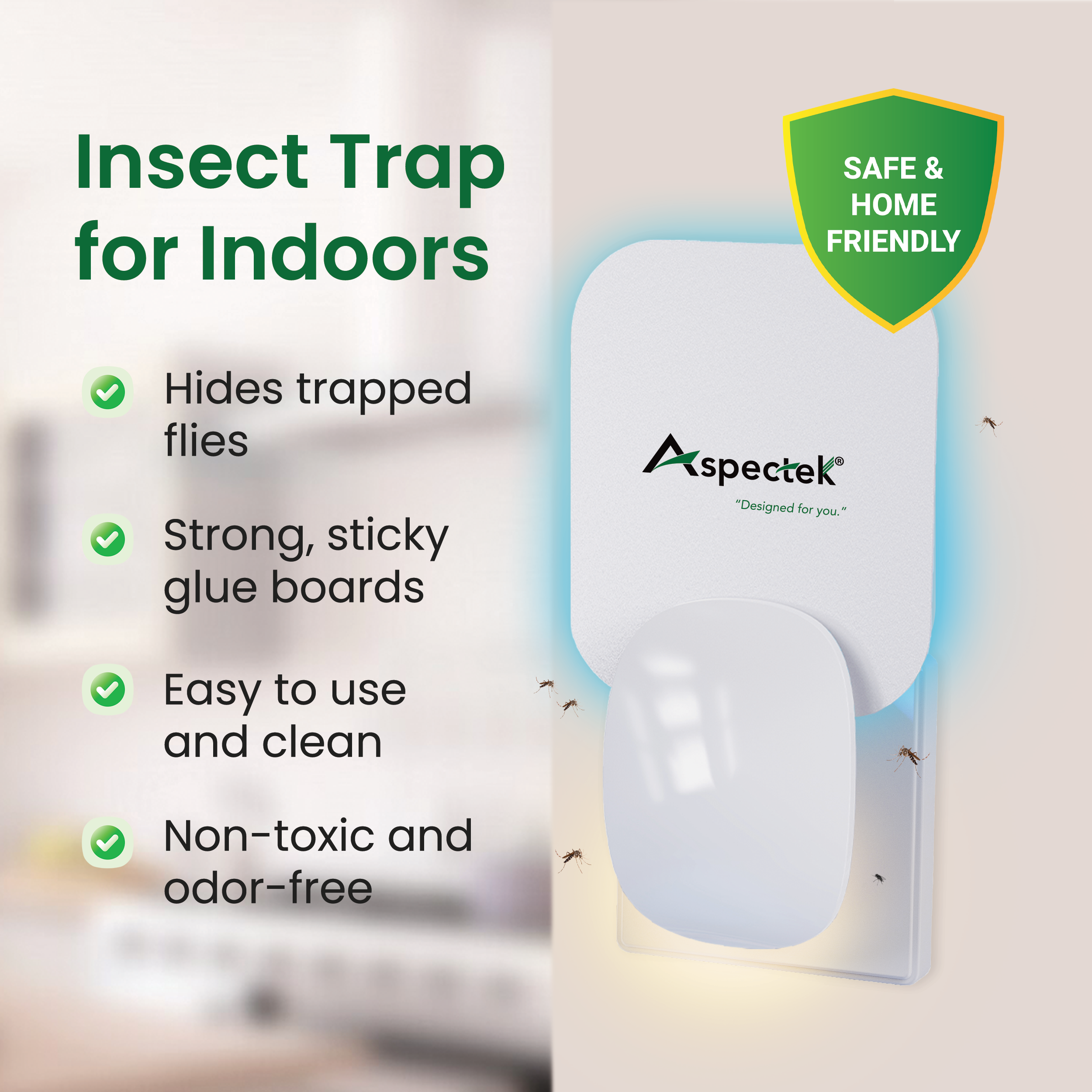 Insect trap for indoors with Aspectek branding and features listed.