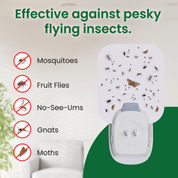 Insect repellent device with pests on it, labeled for effectiveness against mosquitoes, fruit flies, no-see-ums, gnats, and moths.
