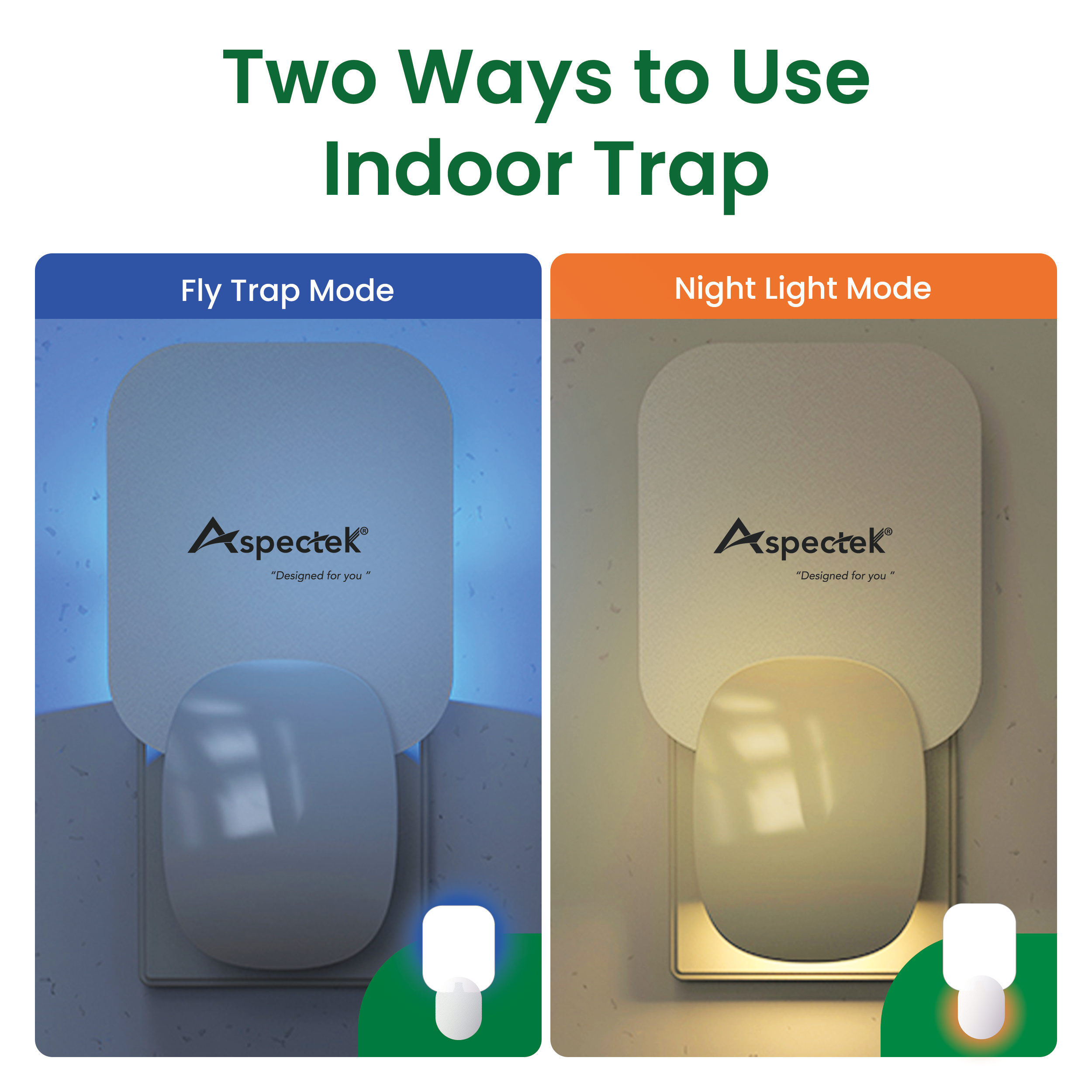 Two modes of an indoor trap with Aspectek branding, one for fly trap mode and the other for night light mode.