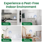 Four images of a kitchen, bathroom, bedroom, and balcony with pest control devices, text 'Experience a Pest-Free Indoor Environment'.