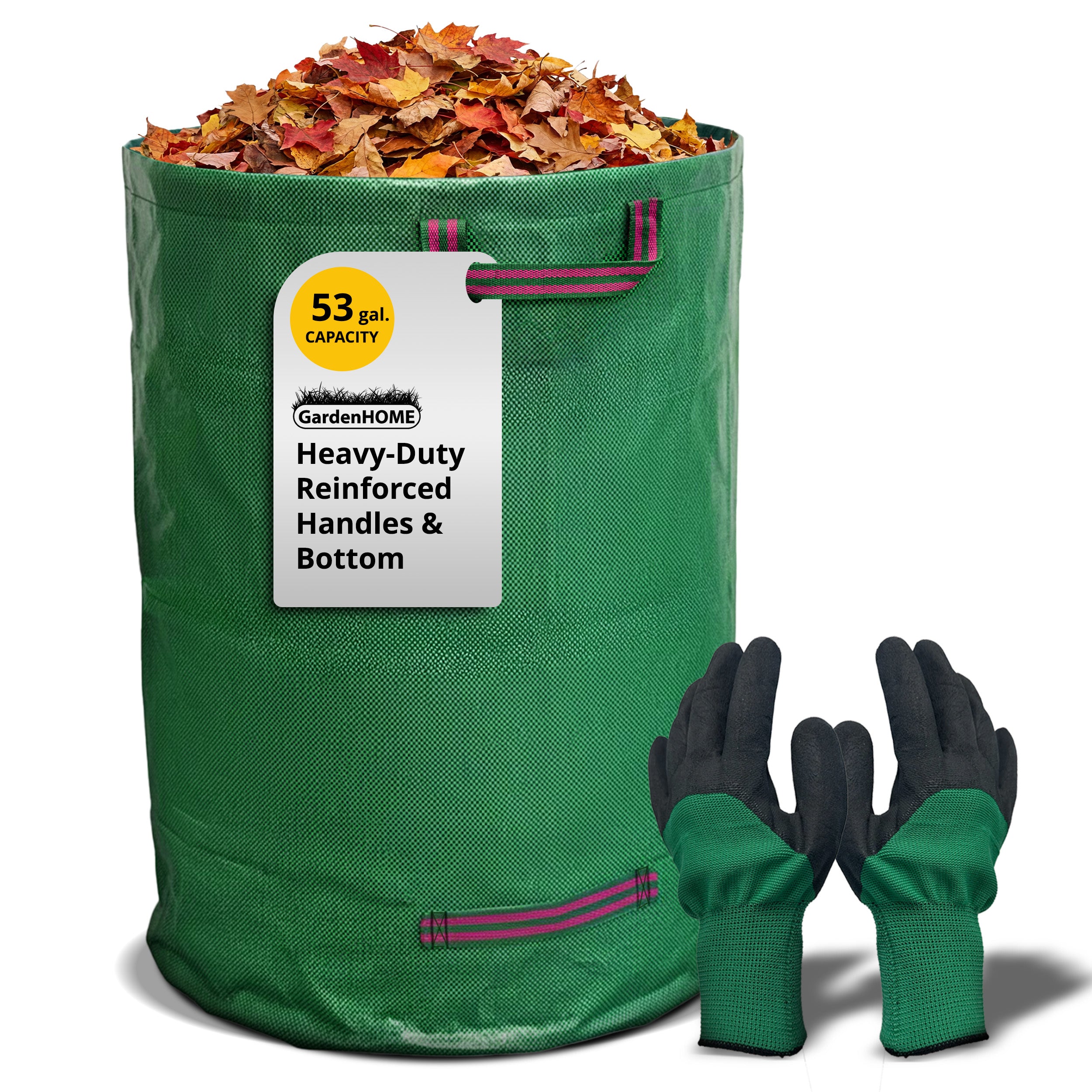 GardenHOME 53 Gallon Yard Leaf Waste Bag – Heavy-Duty Reusable Garden Bag for Leaves, Grass & Yard Debris, Tear-Resistant Woven Fabric, Upright Stand-Up Design