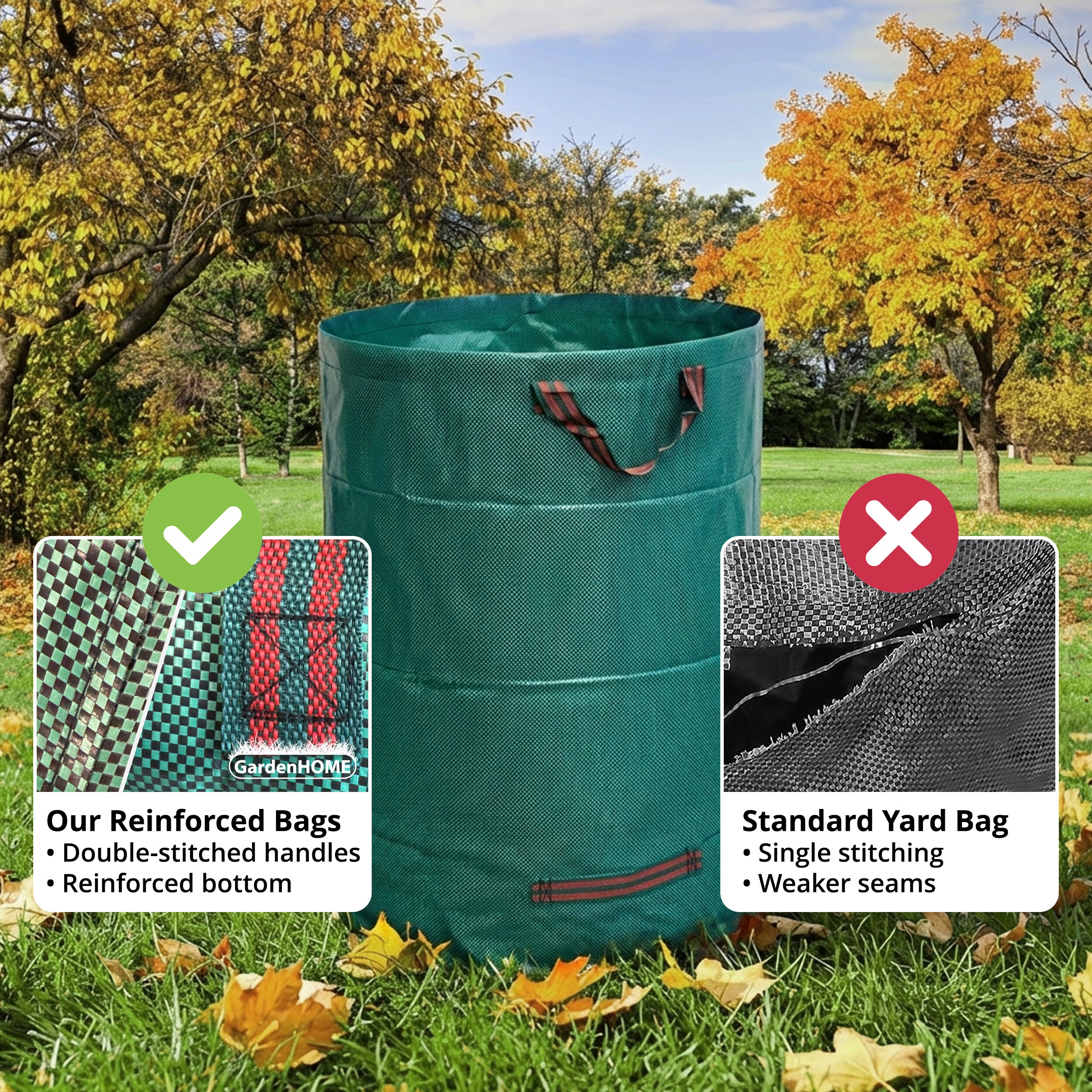 GardenHOME 53 Gallon Yard Leaf Waste Bag – Heavy-Duty Reusable Garden Bag for Leaves, Grass & Yard Debris, Tear-Resistant Woven Fabric, Upright Stand-Up Design