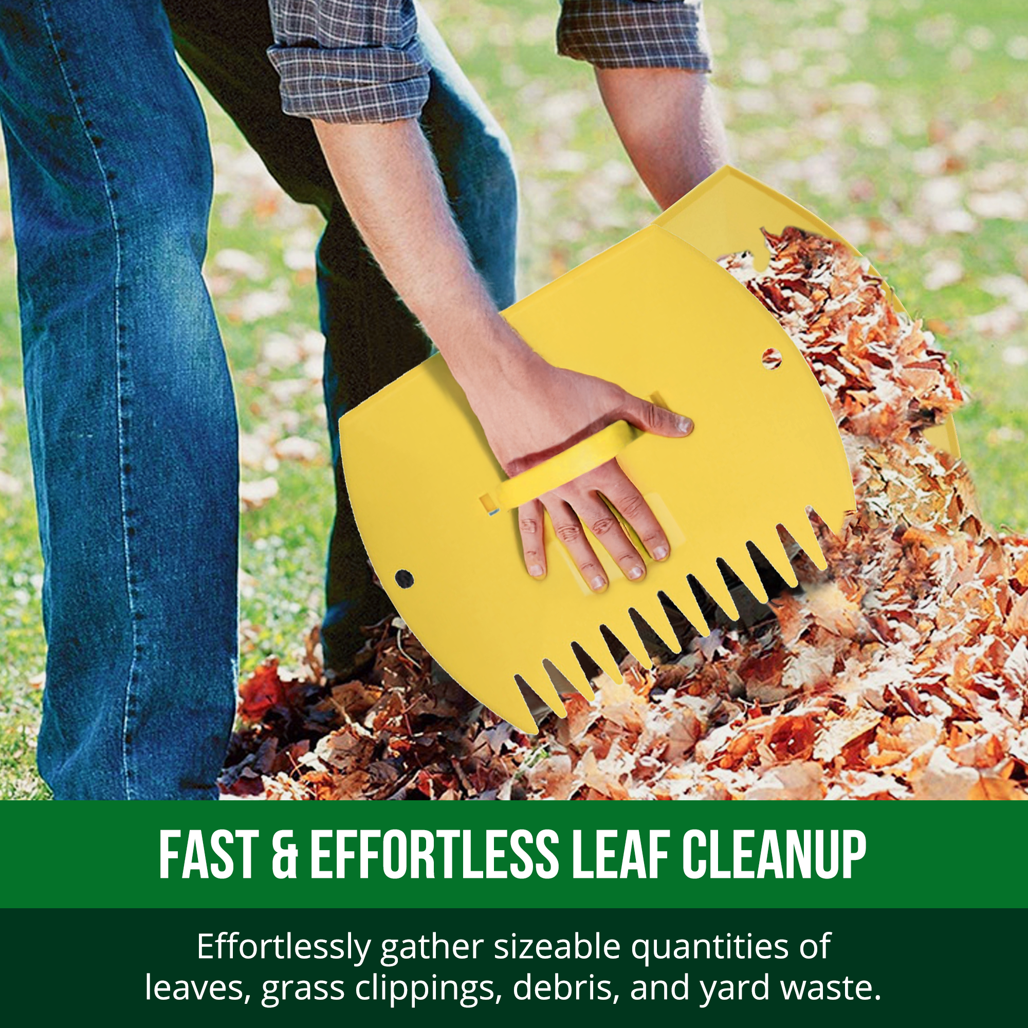 Person using a yellow leaf gathering tool to collect leaves on a grassy area with text 'Fast & Effortless Leaf Cleanup'.