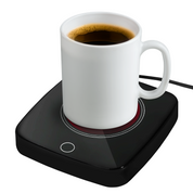 A black coffee mug warmer with a white coffee mug on top, featuring a power switch.