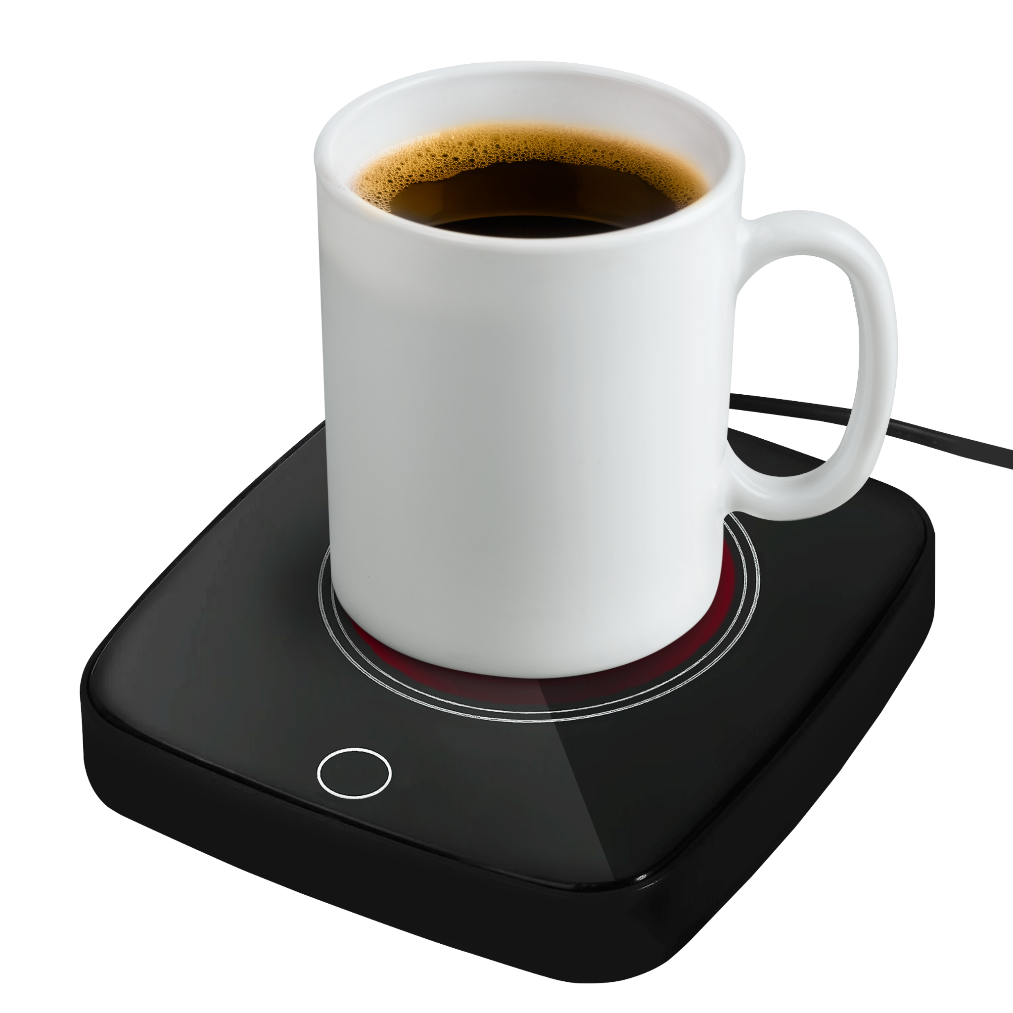 A black coffee mug warmer with a white coffee mug on top, featuring a power switch.