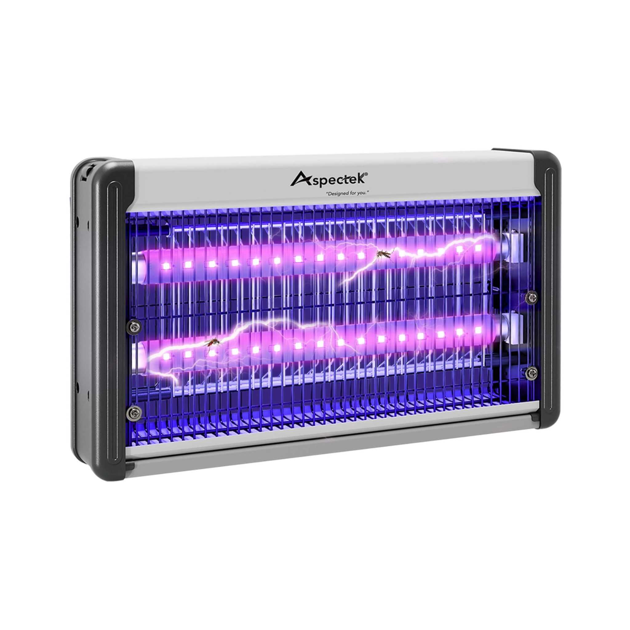 Insect zapper with purple lights on a white background

