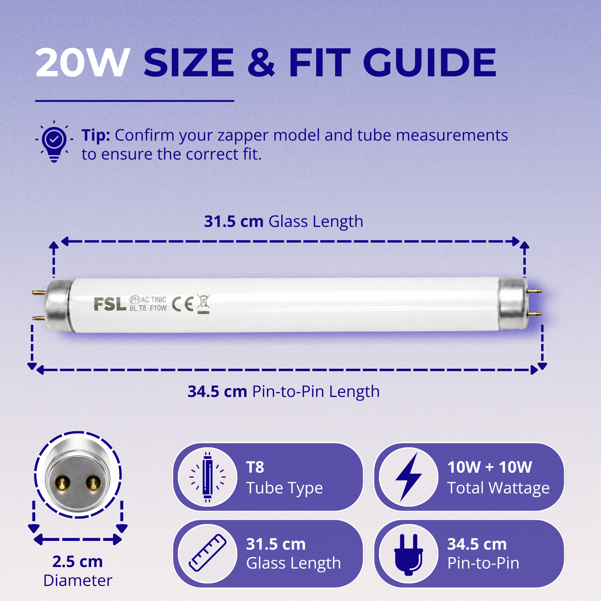 Aspectek Bug Zapper Replacement UV Lamp Bulb Light Tube 10W for 20W Electronic Bug Zapper, 2-Pack