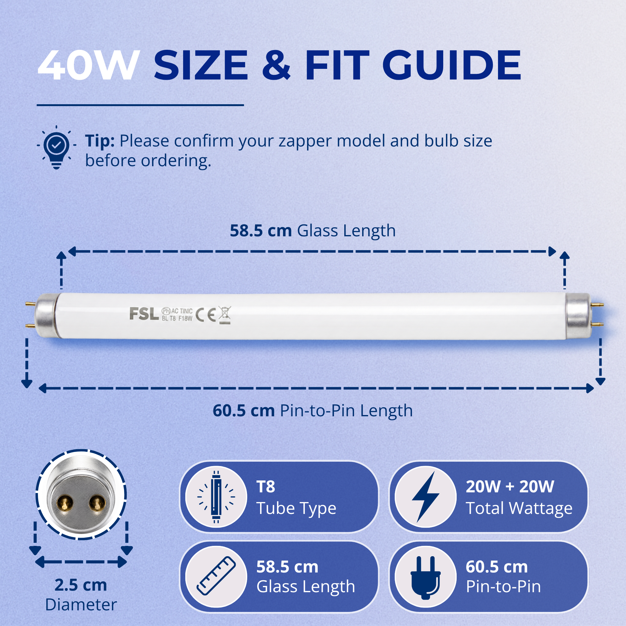 Aspectek Bug Zapper Replacement UV Lamp Bulb Light Tube 20W for 40W Electronic Bug Zapper, 2-Pack