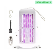 A white bug zapper with blue-violet light LED stripes, accompanied by a Bluetooth speaker and accessories such as a power cable and hanging cord.