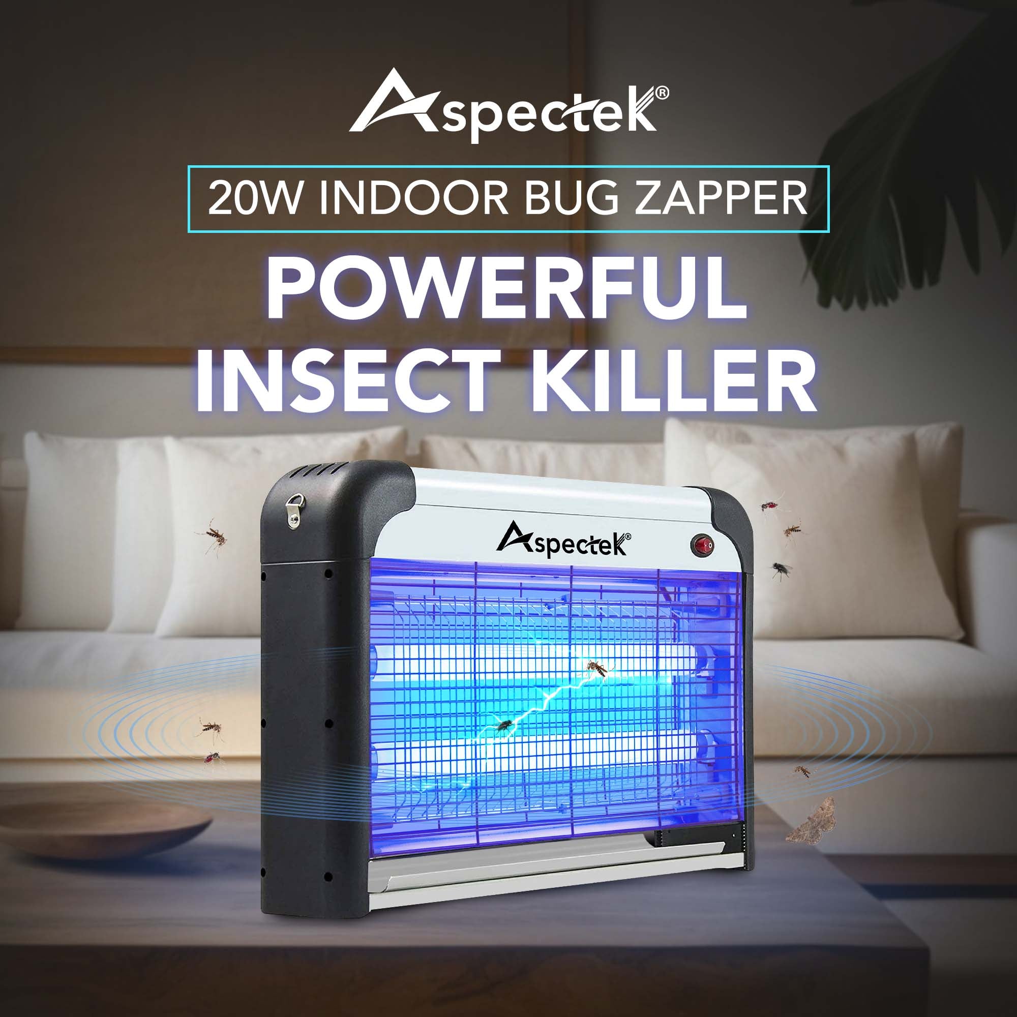 Aspectek 20W Indoor Bug Zapper – Solid Black Insect and Bug Lamp Zapper