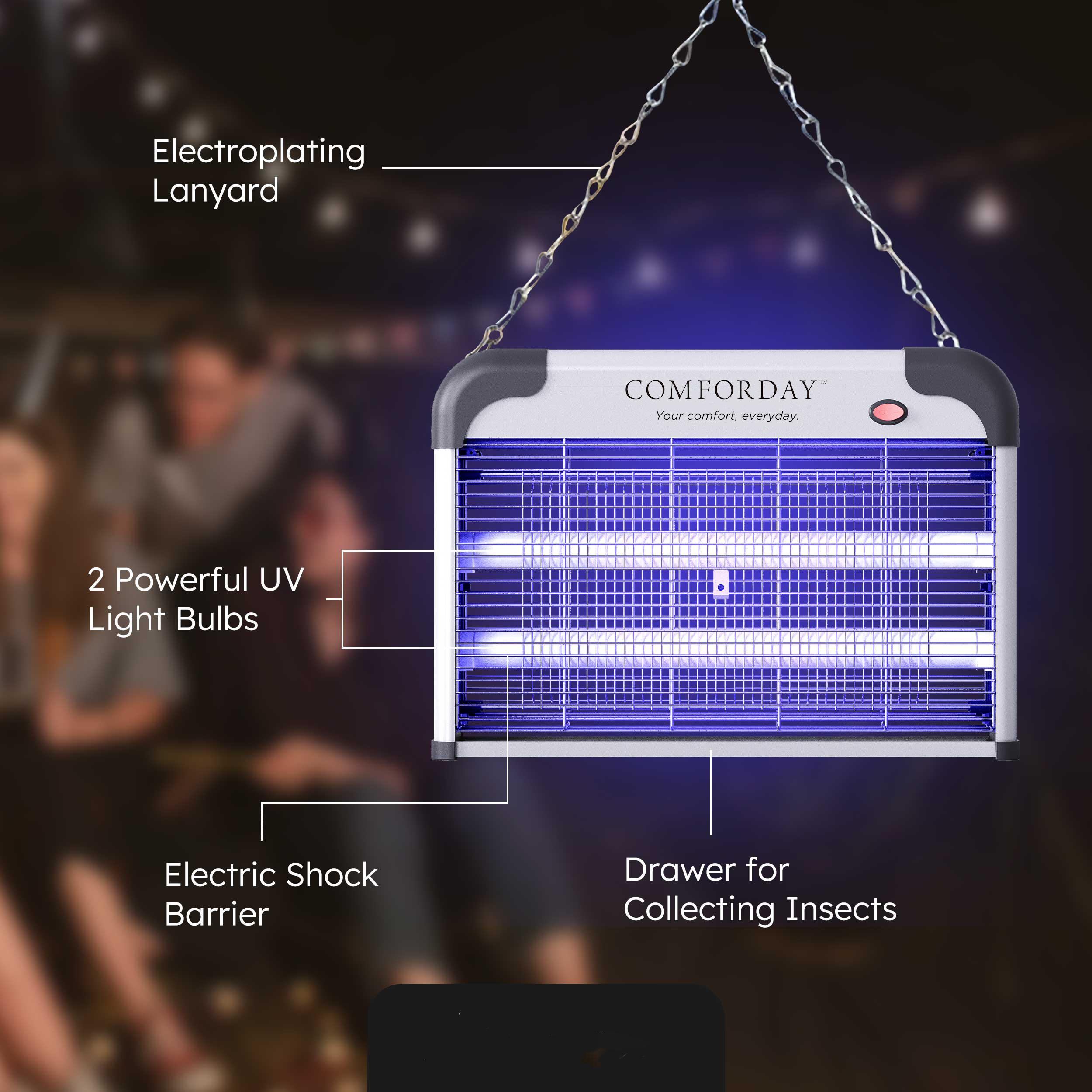 Comforday indoor and outdoor bug zapper with powerful 20W UV light and electric grid for mosquitos, flies, and other pests